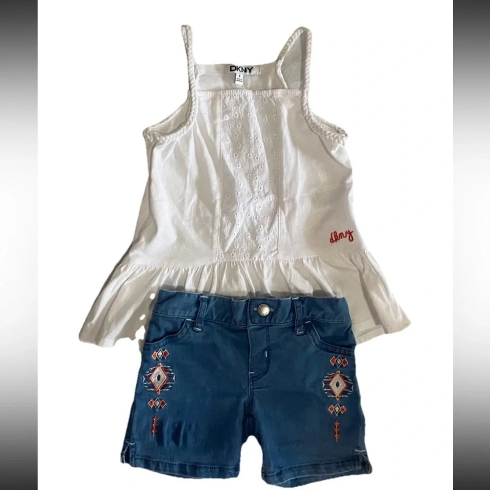 DKNY Girls Size 4 White Tank Top Blue Denim Shorts Set Donna Karen New York Kids